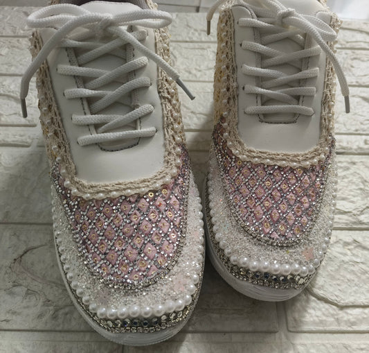 Funky N Trendy ivory and pink embroidery work bridal sneakers/ bridesmaid sneaker / golden sneakers/ pink sneakers / sequine work sneakers/ pink shoes/ silver golden sneakers