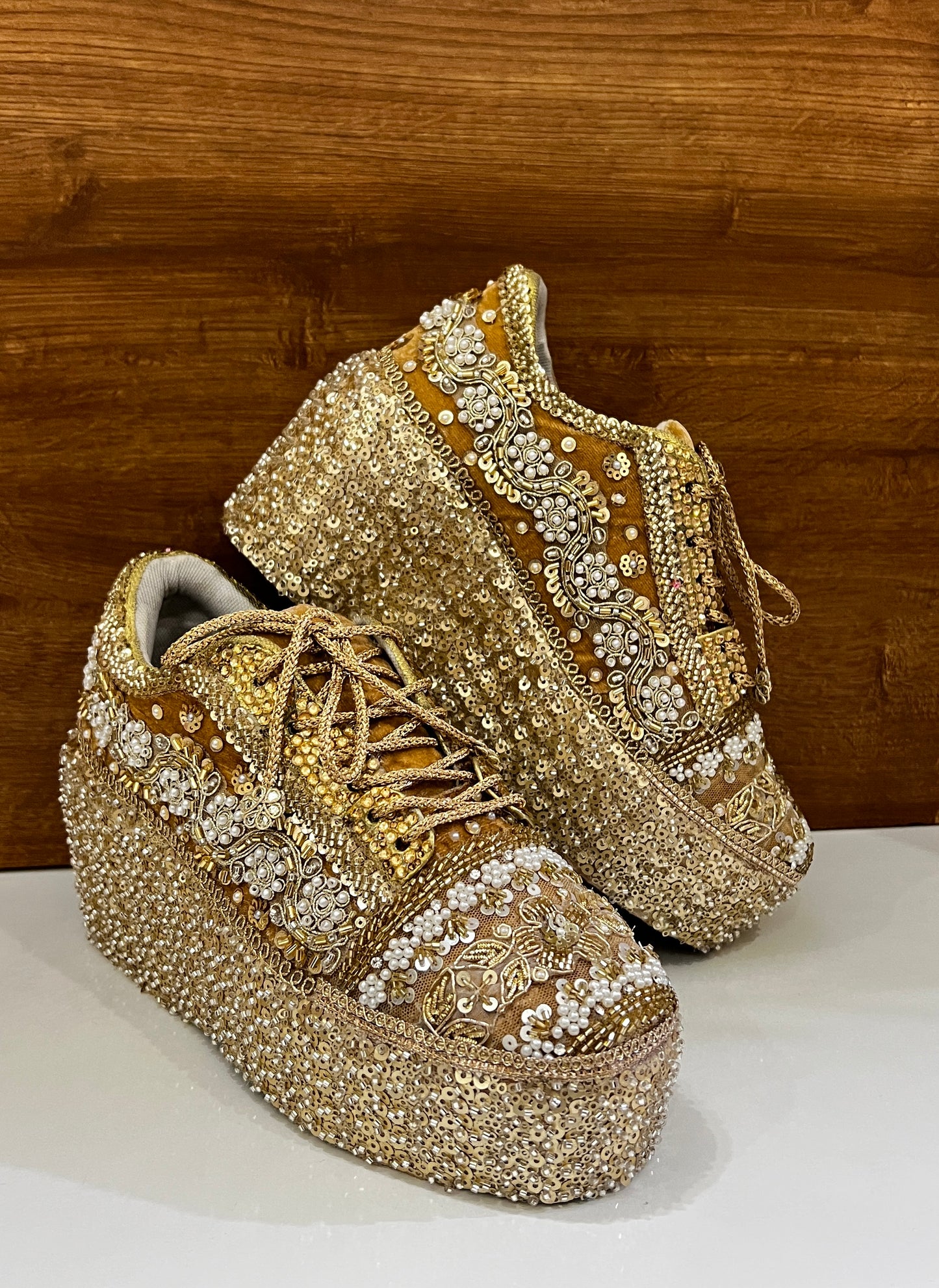 FUNKY N TRENDY Gold Heavy Embroidered bridal sneakers - wedge sneakers heeled sneakers/ golden sneakers