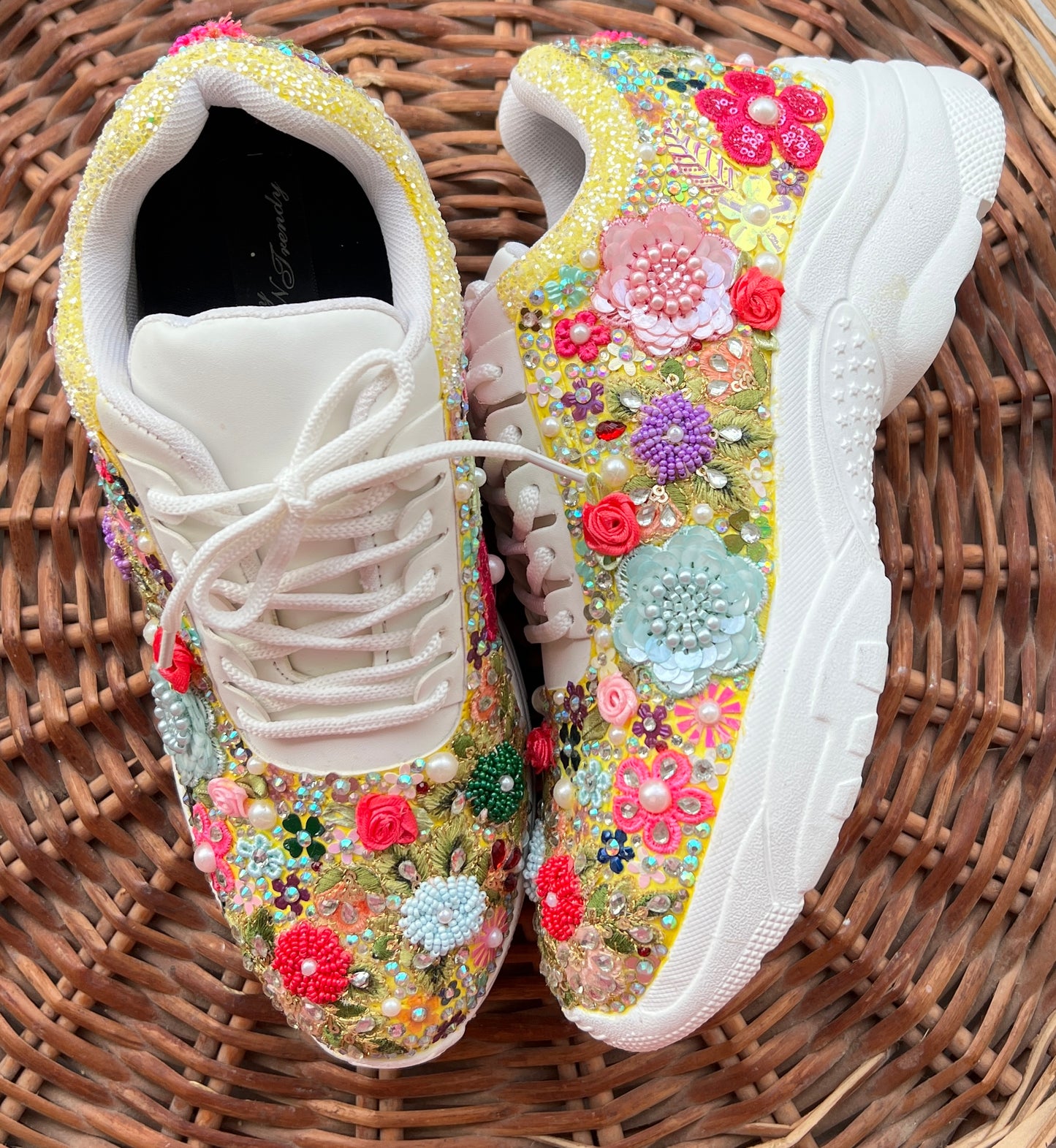 FUNKY N TRENDY “Yellow Pastel Garden Handcrafted Sneakers – Floral Magic”