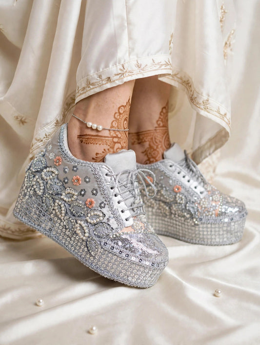 FUNKY N TRENDY Silver Mirror sequine work sneakers - wedge sneakers heeled sneakers/ silver sneakers