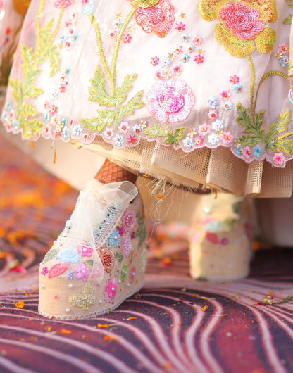 FUNKY N TRENDY Hand embroidered floral theme sneakers - wedge sneakers heeled sneakers/beige sneakers