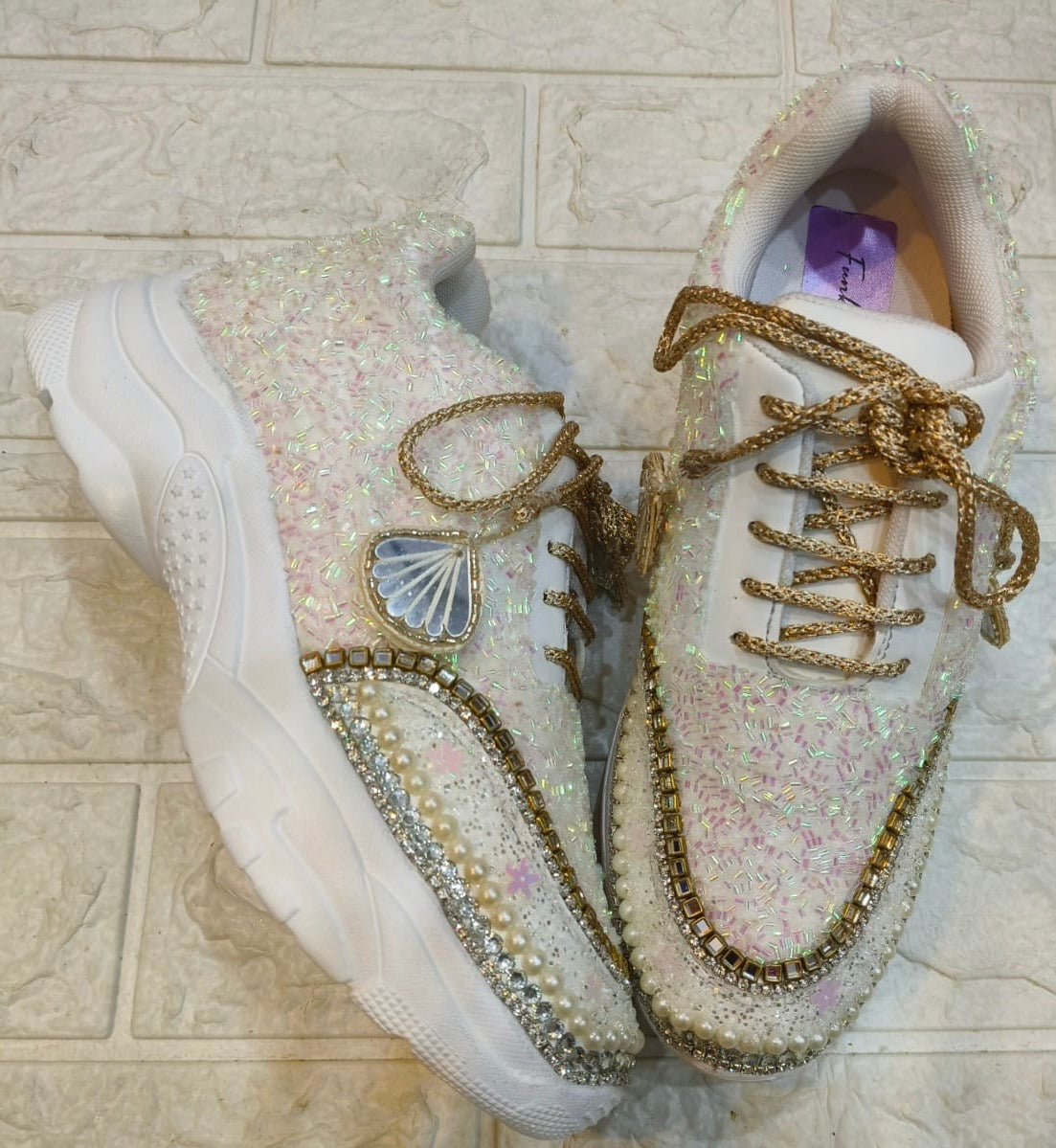 Funky N Trendy white hand work sneakers / bridal sneakers/ sneaker for bride / white sneakers/ pearl sneakers for bride/ bridesmaid sneakers / pearls sneakers