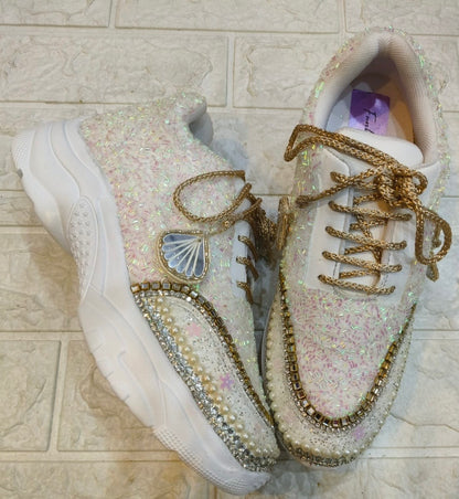 Funky N Trendy white hand work sneakers / bridal sneakers/ sneaker for bride / white sneakers/ pearl sneakers for bride/ bridesmaid sneakers / pearls sneakers