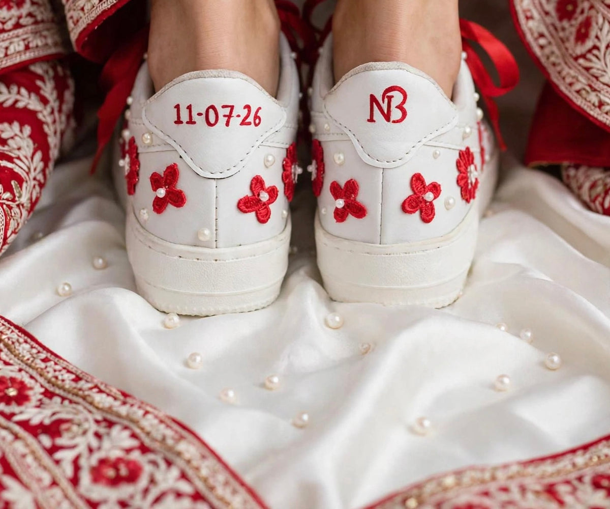Funky N Trendy red and white pearl work sneakers with floral detailing / bridal sneakers/ sneaker for bride / white sneakers/ pearl sneakers for bride personalised sneakers for brides