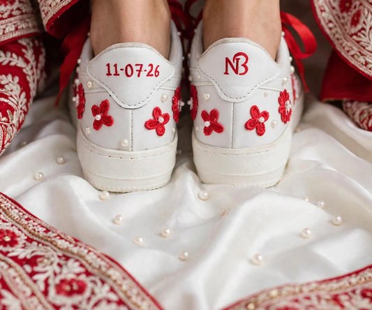 Funky N Trendy red and white pearl work sneakers with floral detailing / bridal sneakers/ sneaker for bride / white sneakers/ pearl sneakers for bride personalised sneakers for brides