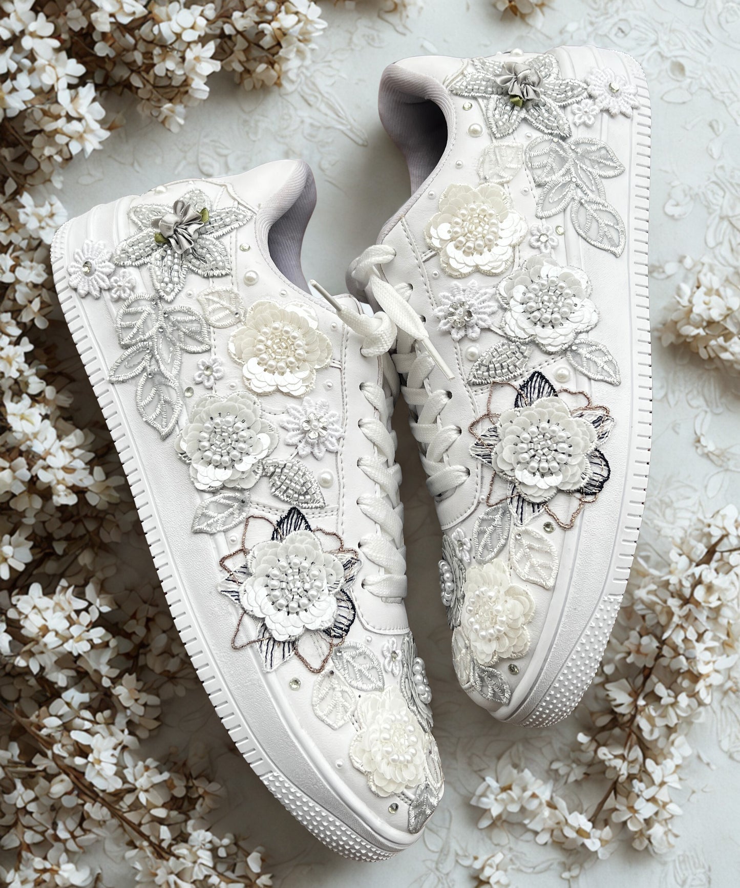 Funky N Trendy white gray
“Floral garden Bridal Sneakers/ bridesmaid sneakers – Embroidered Magic”