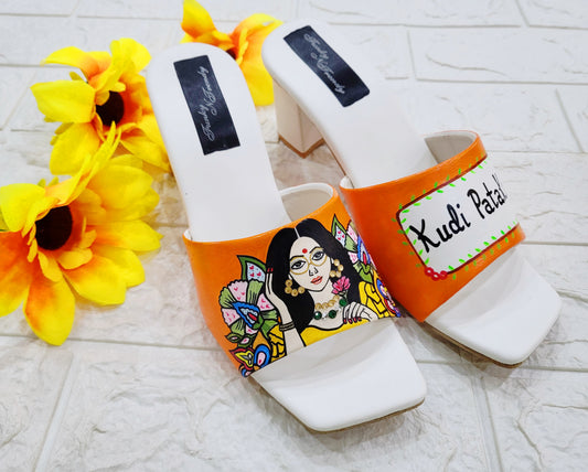 FUNKY N TRENDY hand painted water resistant wedding theme block heels for bride / handpainted heels / quirky heels/ kudi pataka sandals / kudi pataka heels / orange heels