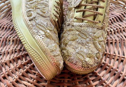Funky N Trendy Handcrafted Golden Bridal Sneakers – Custom cutdana Embroidery for Brides & Bridesmaids