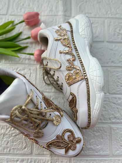 Funky N Trendy hand embroidered Bride word with zardozi and cutdana / bridal sneakers/ sneaker for bride / zardozi sneakers/ golden sneakers for bride / custom wedding date and hashtag