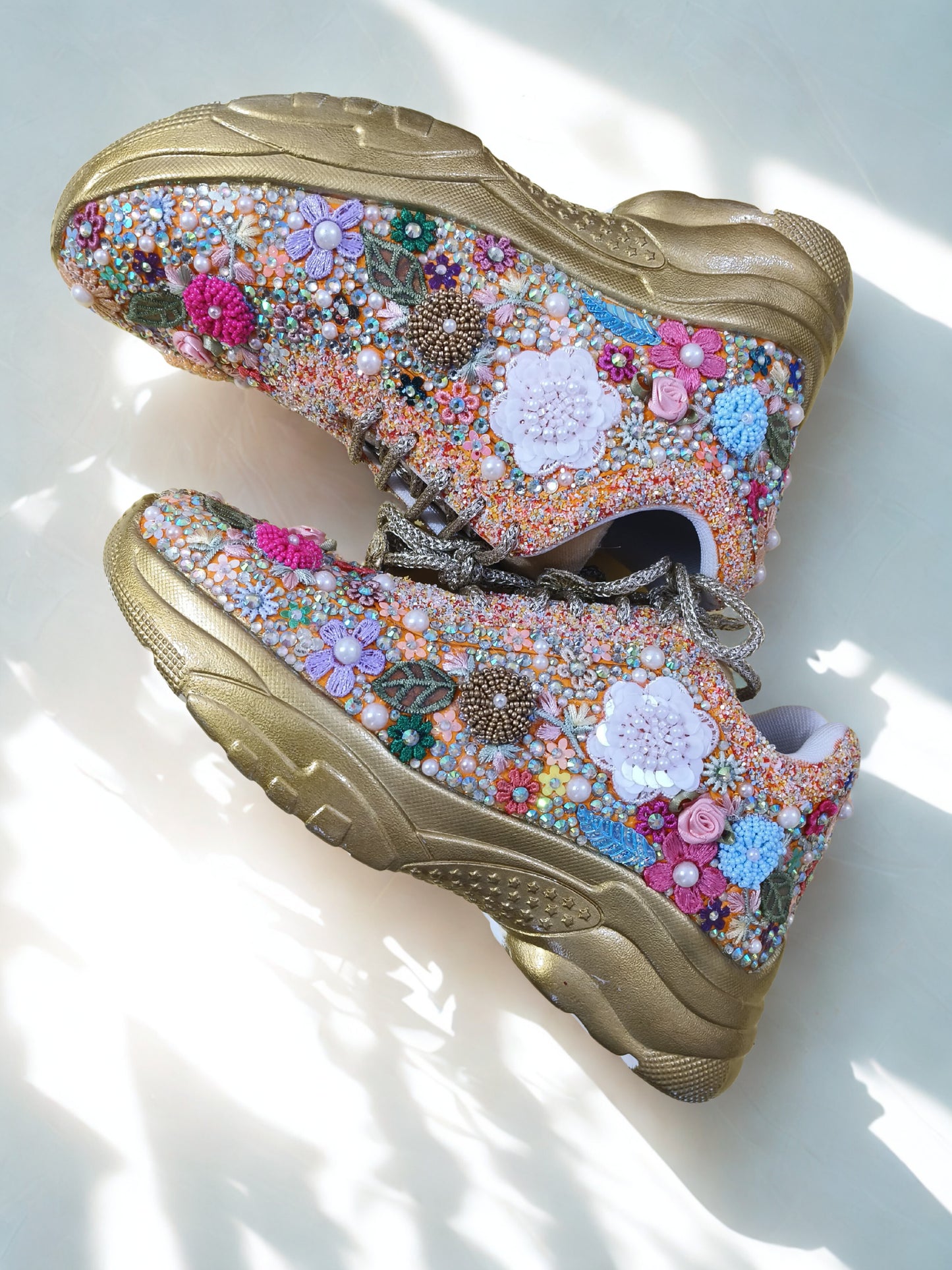 FUNKY N TRENDY fully hand crafted floral work with beads rhinestones cutdana sneakers / flower shoes / gold sneakers