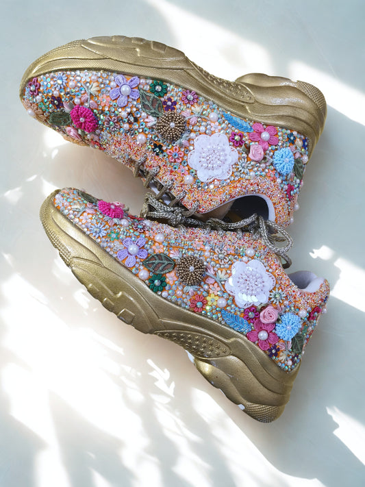 FUNKY N TRENDY fully hand crafted floral work with beads rhinestones cutdana sneakers / flower shoes / gold sneakers