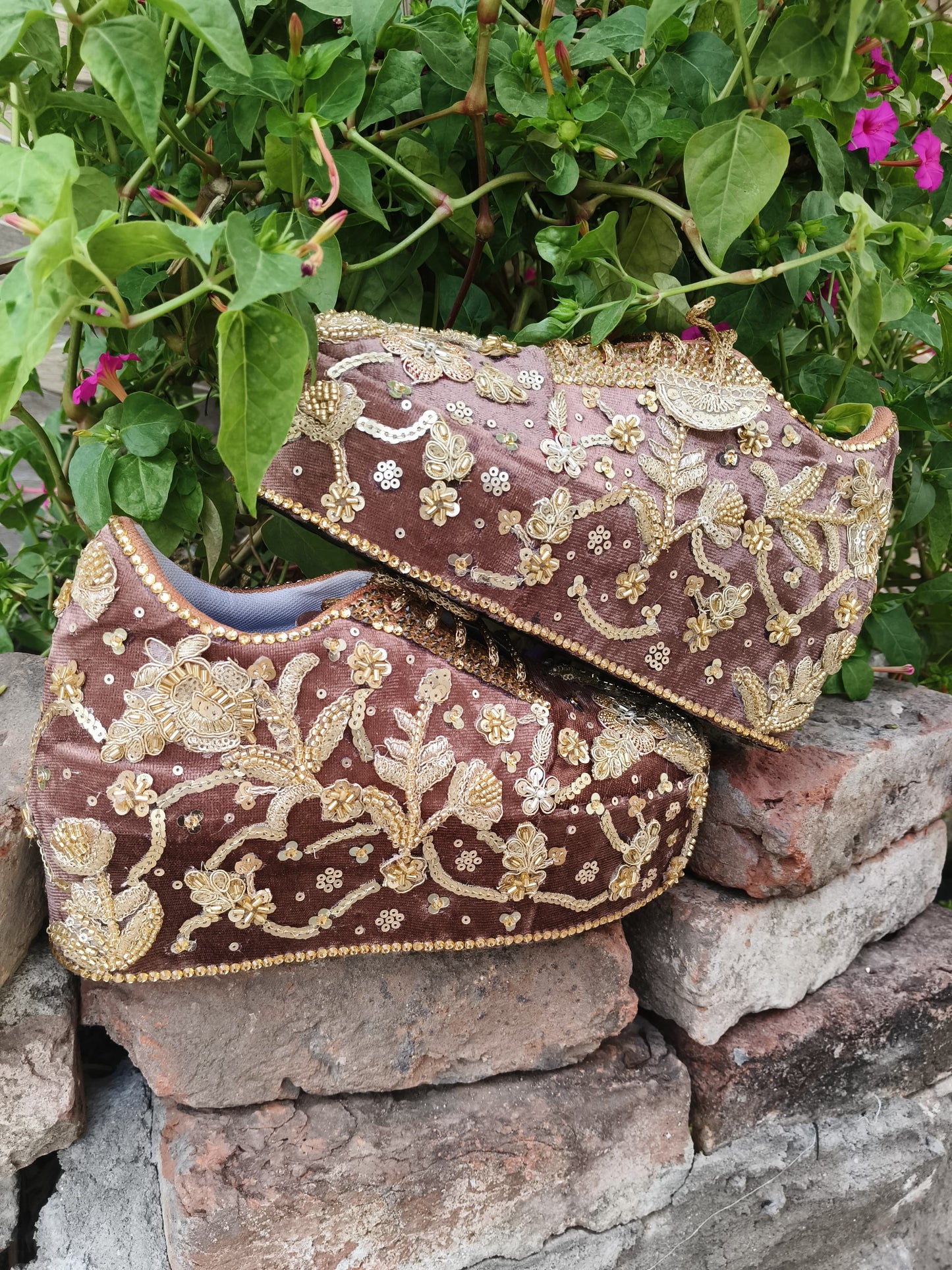 FUNKY N TRENDY rose gold with golden Embroidered bridal sneakers - wedge sneakers heeled sneakers/ sequine work sneakers/ brown sneakers