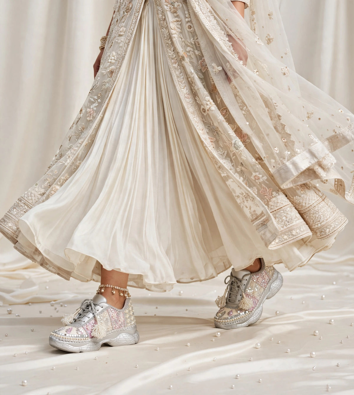 Ivory Blossom - Pearl & Mirror Work Lavender Silver Bridal Sneakers with Latkans