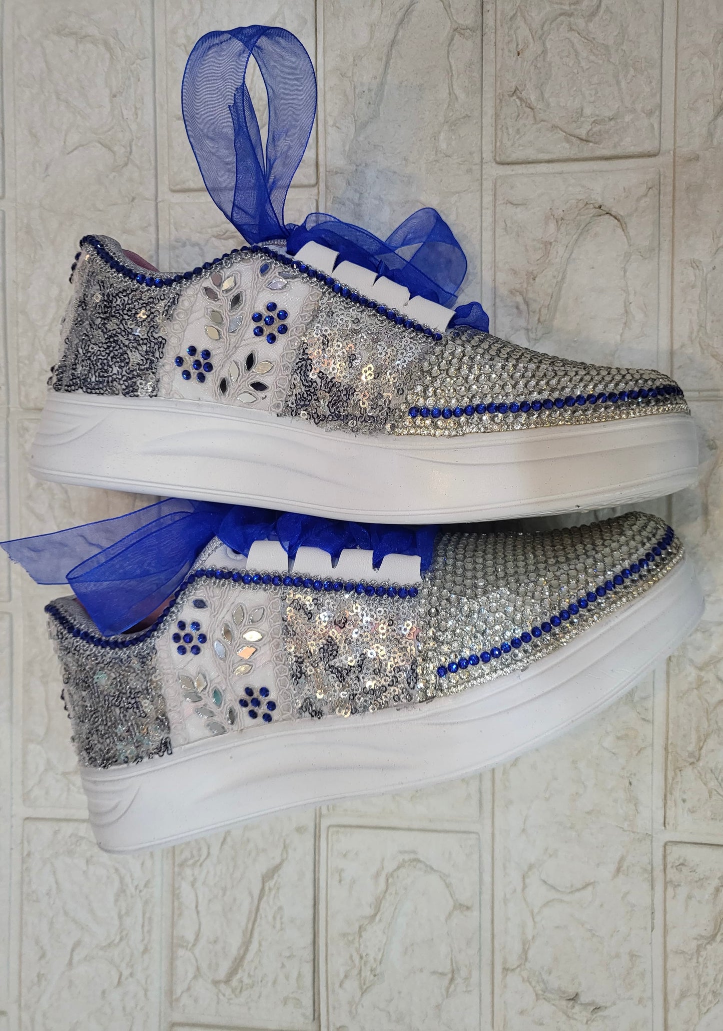 FUNKY N TRENDY rhinestone work bridal sneakers / bridesmaid sneakers/ silver sneakers / silver shoes/ rhinestone sneakers mirror shoes/ bride shoes/ embroidered shoes/ silver and blue sneakers