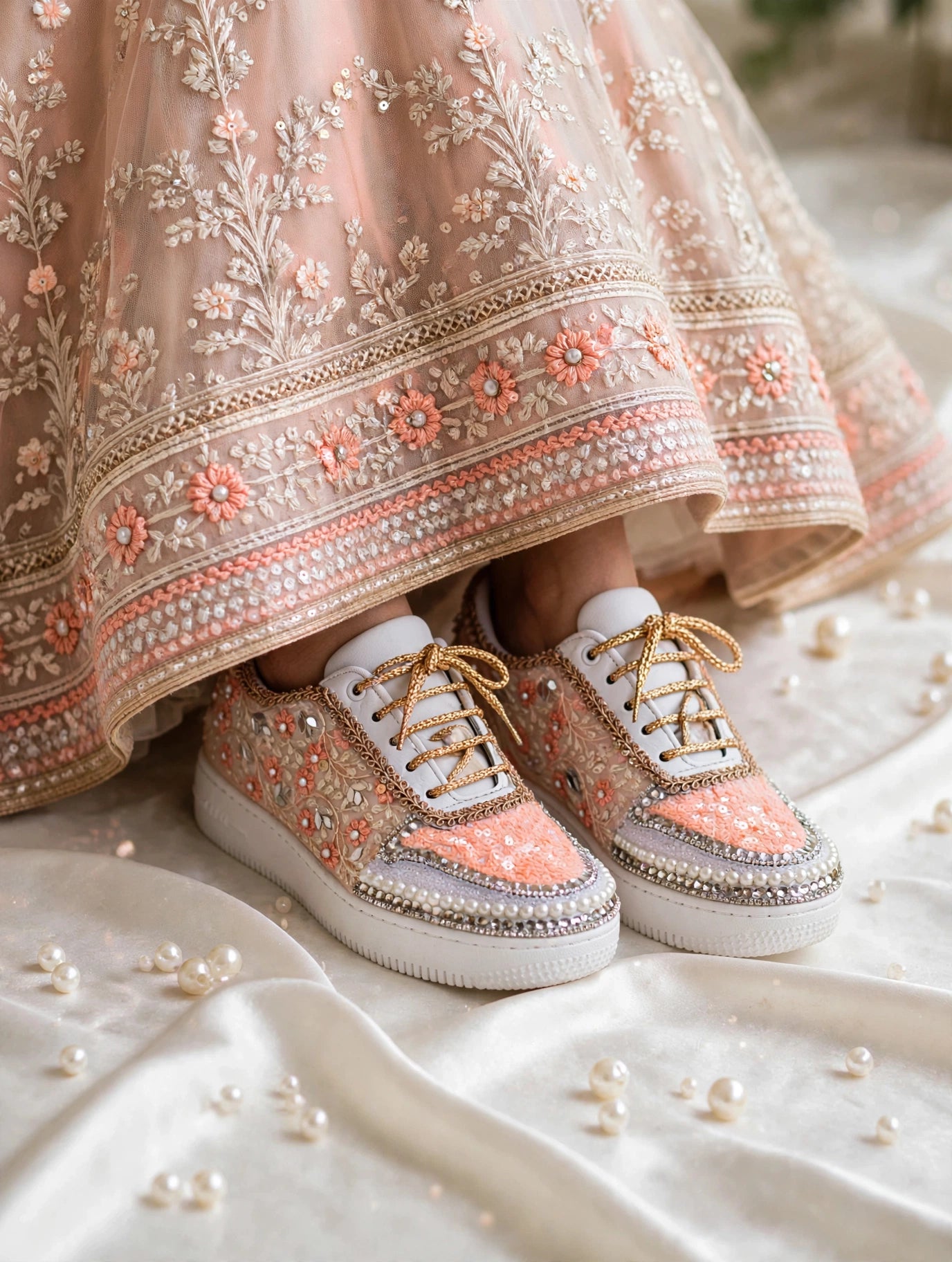 Blossom Bride Bridal Sneakers — Peach Floral Embroidered Sneakers with Pearl & Crystal Trim