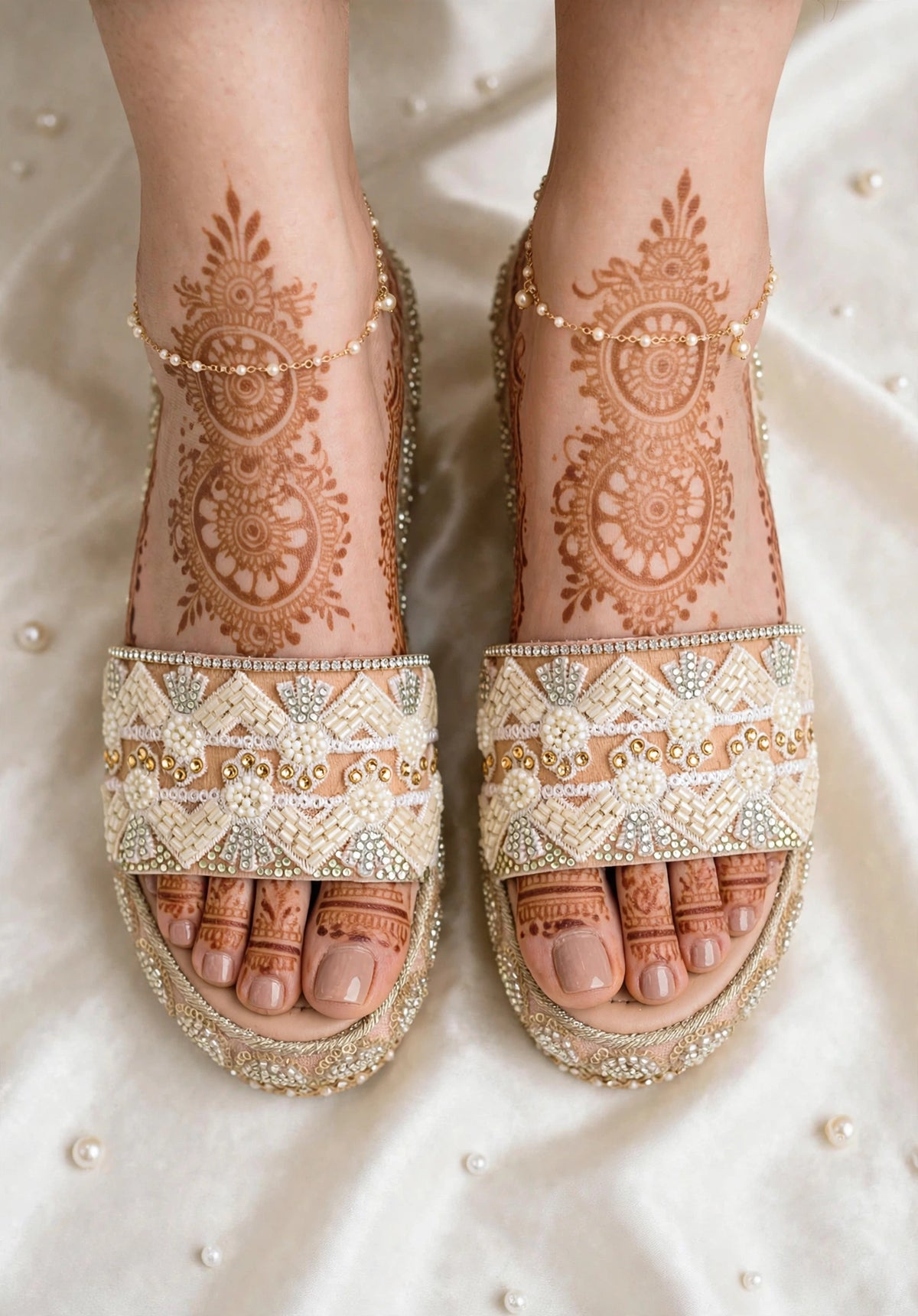 Handcrafted Bridal Embroidered Wedges - Beige / ivory