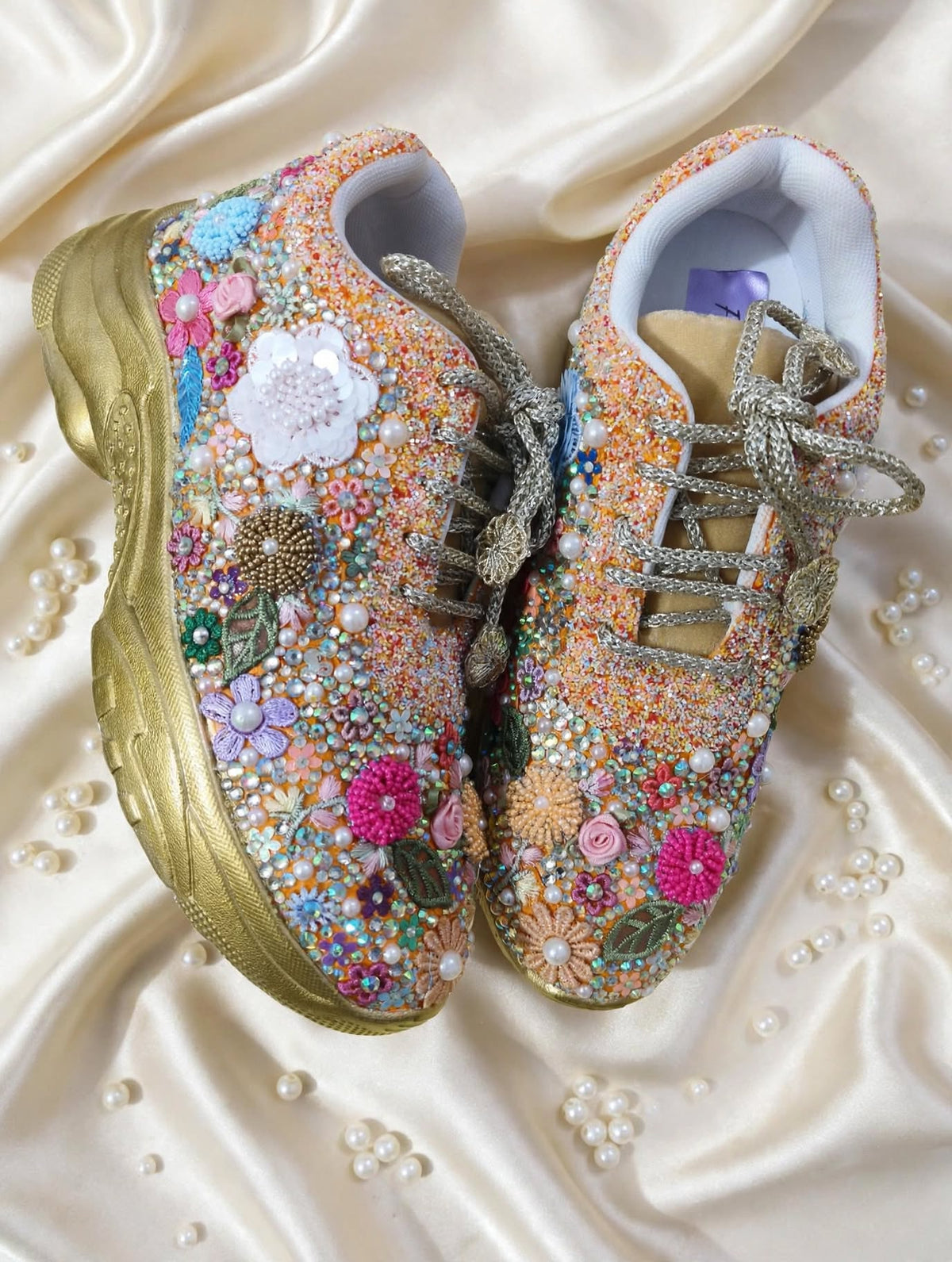FUNKY N TRENDY fully hand crafted floral work with beads rhinestones cutdana sneakers / flower shoes / gold sneakers