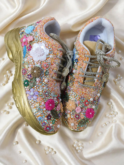 FUNKY N TRENDY fully hand crafted floral work with beads rhinestones cutdana sneakers / flower shoes / gold sneakers