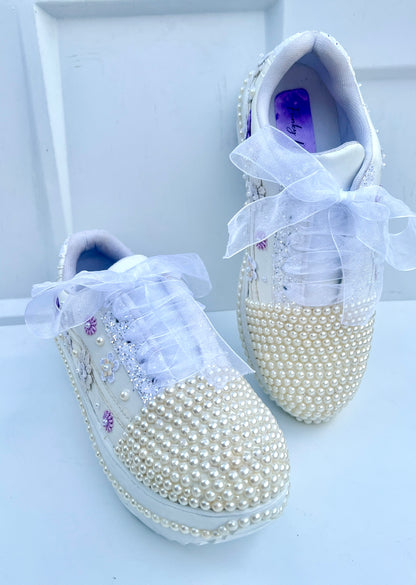Funky N Trendy white pearl work sneakers with purple / lavender floral detailing / pearl sneakers