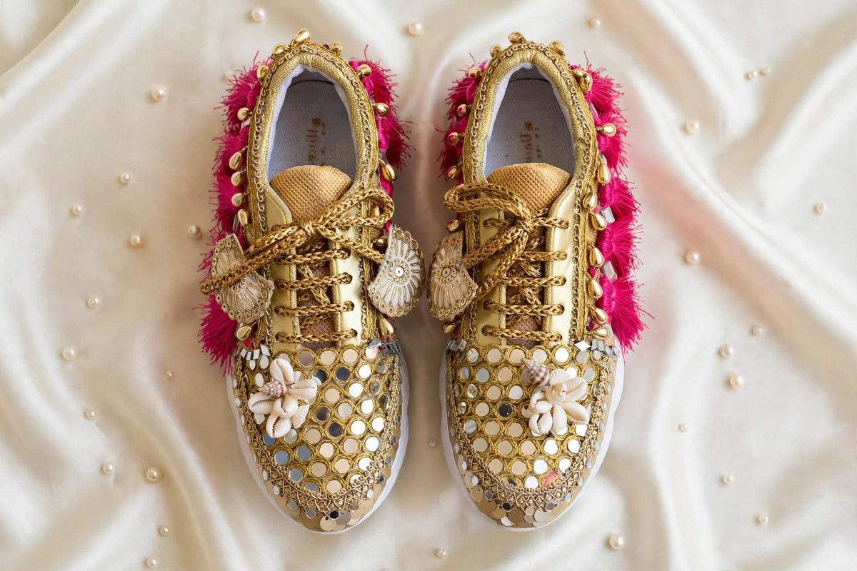 FUNKY N TRENDY megenta rani and gold sneakers for brides /bridesmaids / hot pink sneakers for bridesmaids/ handcrafted sneakers/ mirror sneakers / bridal sneakers / bridesmaid sneakers/ gold sneakers / megenta sneakers/ rani sneakers