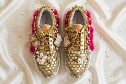 FUNKY N TRENDY megenta rani and gold sneakers for brides /bridesmaids / hot pink sneakers for bridesmaids/ handcrafted sneakers/ mirror sneakers / bridal sneakers / bridesmaid sneakers/ gold sneakers / megenta sneakers/ rani sneakers