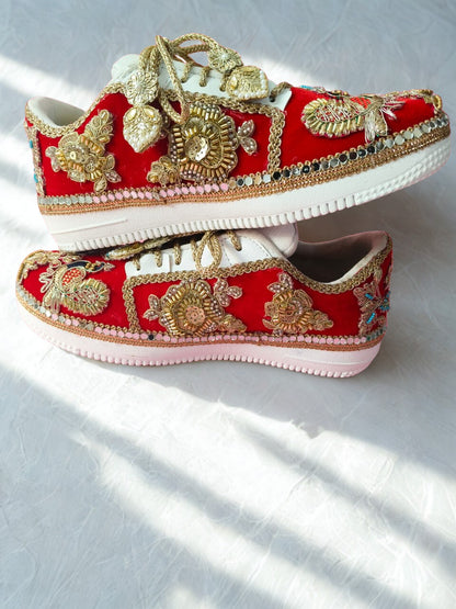 Funky N Trendy Peacock Magic Red Bridal Sneakers – Dance-Ready & Personalised