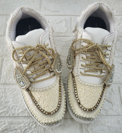 Funky N Trendy ivory / off white embroidery work bridal sneakers/ bridesmaid sneaker / hancrafted sneakers / gold sneakers / golden sneakers/ white sneakers / white shoes