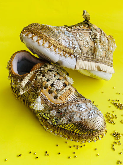 FUNKY N TRENDY gold mirror and pearl sneakers for brides /bridesmaids / sneakers for bridesmaids/ handcrafted sneakers/ mirror sneakers / bridal sneakers / bridesmaid sneakers/ gold sneakers / mirror shoes