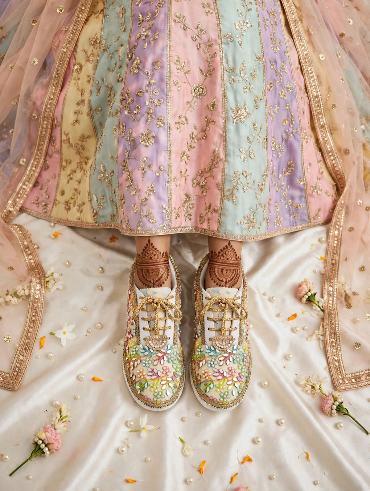 “Rainbow Bridal Sneakers with Mirror detailing– Floral Embroidery”