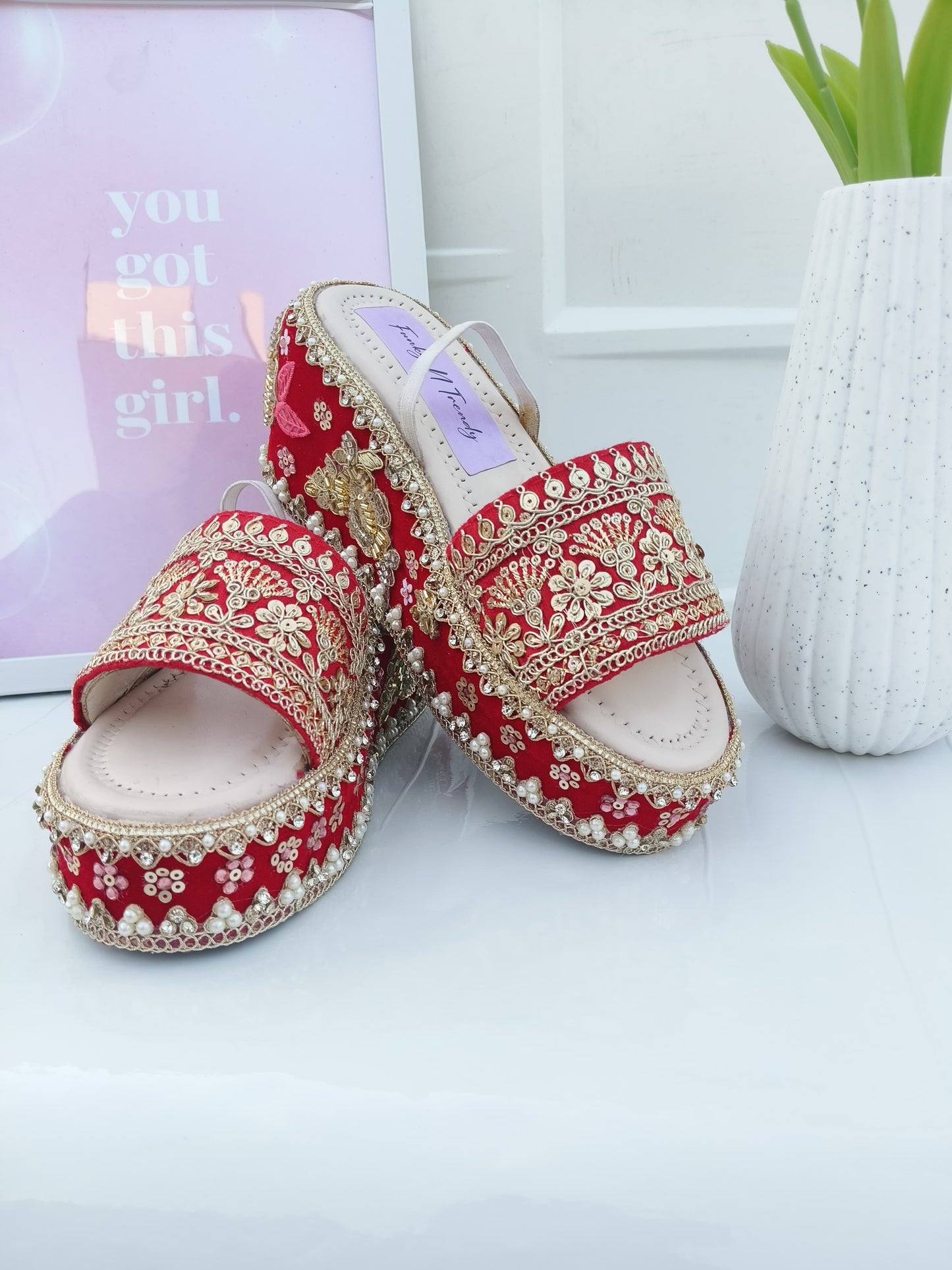 Handcrafted Bridal Embroidered Wedges - Red / Gold