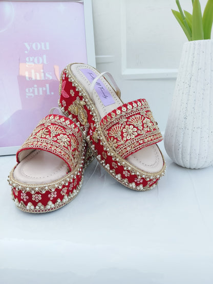 Handcrafted Bridal Embroidered Wedges - Red / Gold