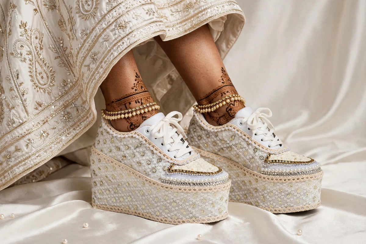 Handcrafted Bridal Sneakers for Brides – Wedding Shoes | Funky N Trendy | Ivory wedges | ivory sneakers