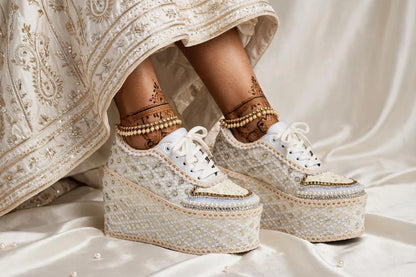Handcrafted Bridal Sneakers for Brides – Wedding Shoes | Funky N Trendy | Ivory wedges | ivory sneakers