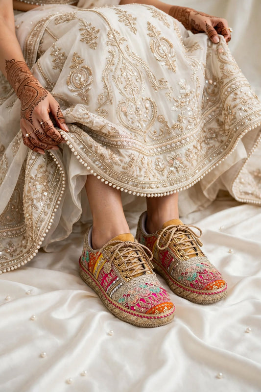 Handcrafted Mirror Work Bridal Sneakers | Indian Wedding Sneakers with Gota Patti Embroidery