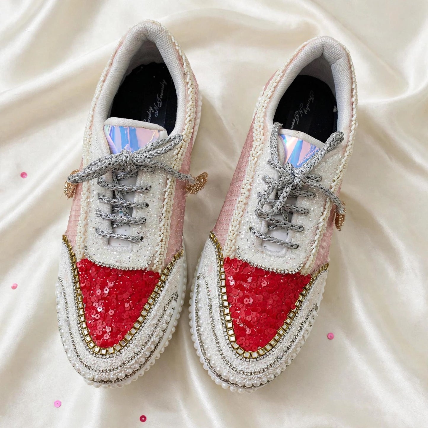FUNKY N TRENDY red and pink theme hand work sneakers for brides / bridesmaids/ pink sneakers / ree sneakers / red and pink shoes / pink and red sneakers