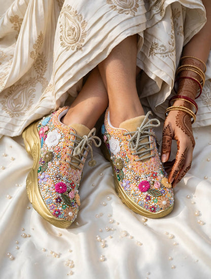 FUNKY N TRENDY fully hand crafted floral work with beads rhinestones cutdana sneakers / flower shoes / gold sneakers