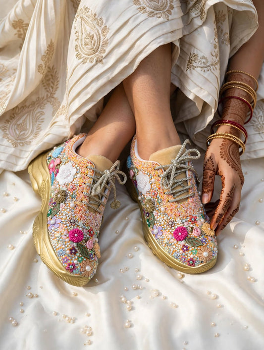 FUNKY N TRENDY fully hand crafted floral work with beads rhinestones cutdana sneakers / flower shoes / gold sneakers