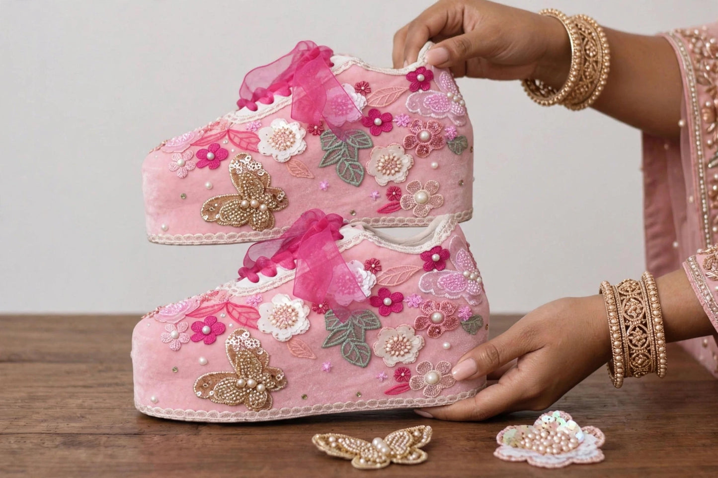 FUNKY N TRENDY Hand embroidered floral theme sneakers - wedge sneakers heeled sneakers/pink sneakers