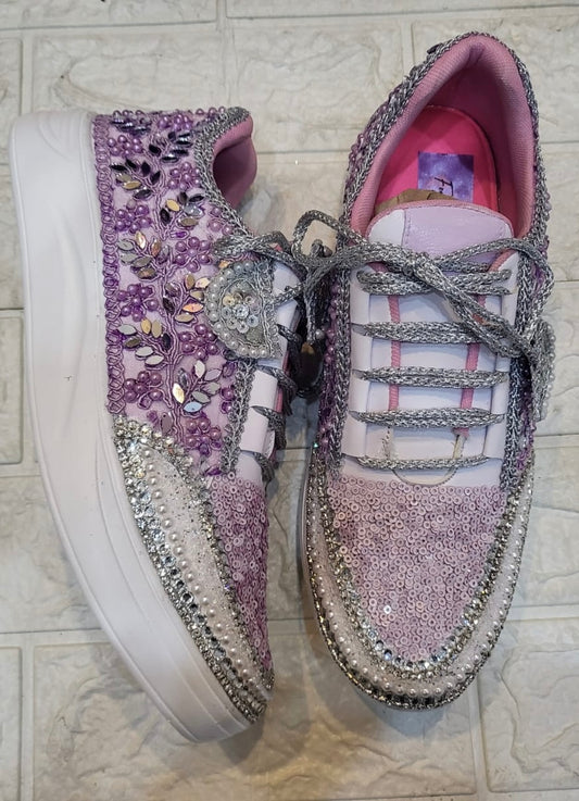 Funky N Trendy purple / lilac/ lavender embroidery work bridal sneakers/ bridesmaid sneaker / hancrafted sneakers / purple sneakers / white sneakers