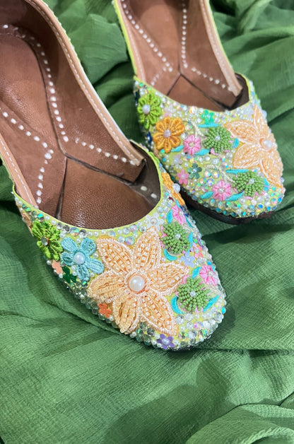 FUNKY N TRENDY “Green Pastel Garden Handcrafted Juttis – Floral Magic” - Green Carnival juttis