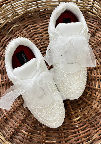 Funky N Trendy white pearl hand work sneakers / bridal sneakers/ sneaker for bride / white sneakers/ pearl sneakers for bride/ bridesmaid sneakers / pearls sneakers