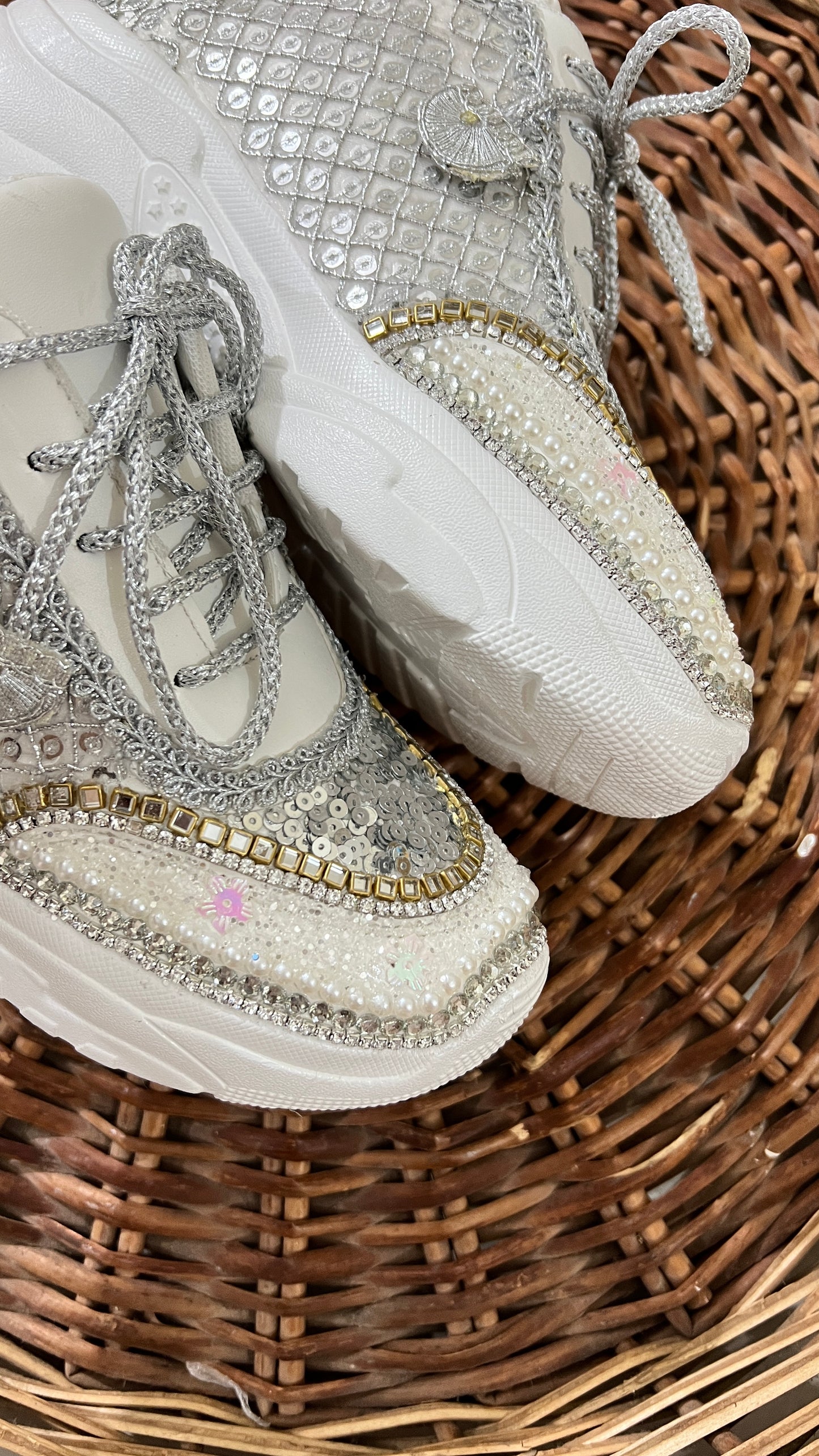 FUNKY N TRENDY hand work bridal sneakers / bridesmaid sneakers/ silver sneakers / silver shoes/mirror sneakers mirror shoes/ bride shoes/ embroidered shoes