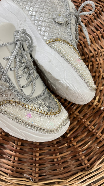 FUNKY N TRENDY hand work bridal sneakers / bridesmaid sneakers/ silver sneakers / silver shoes/mirror sneakers mirror shoes/ bride shoes/ embroidered shoes