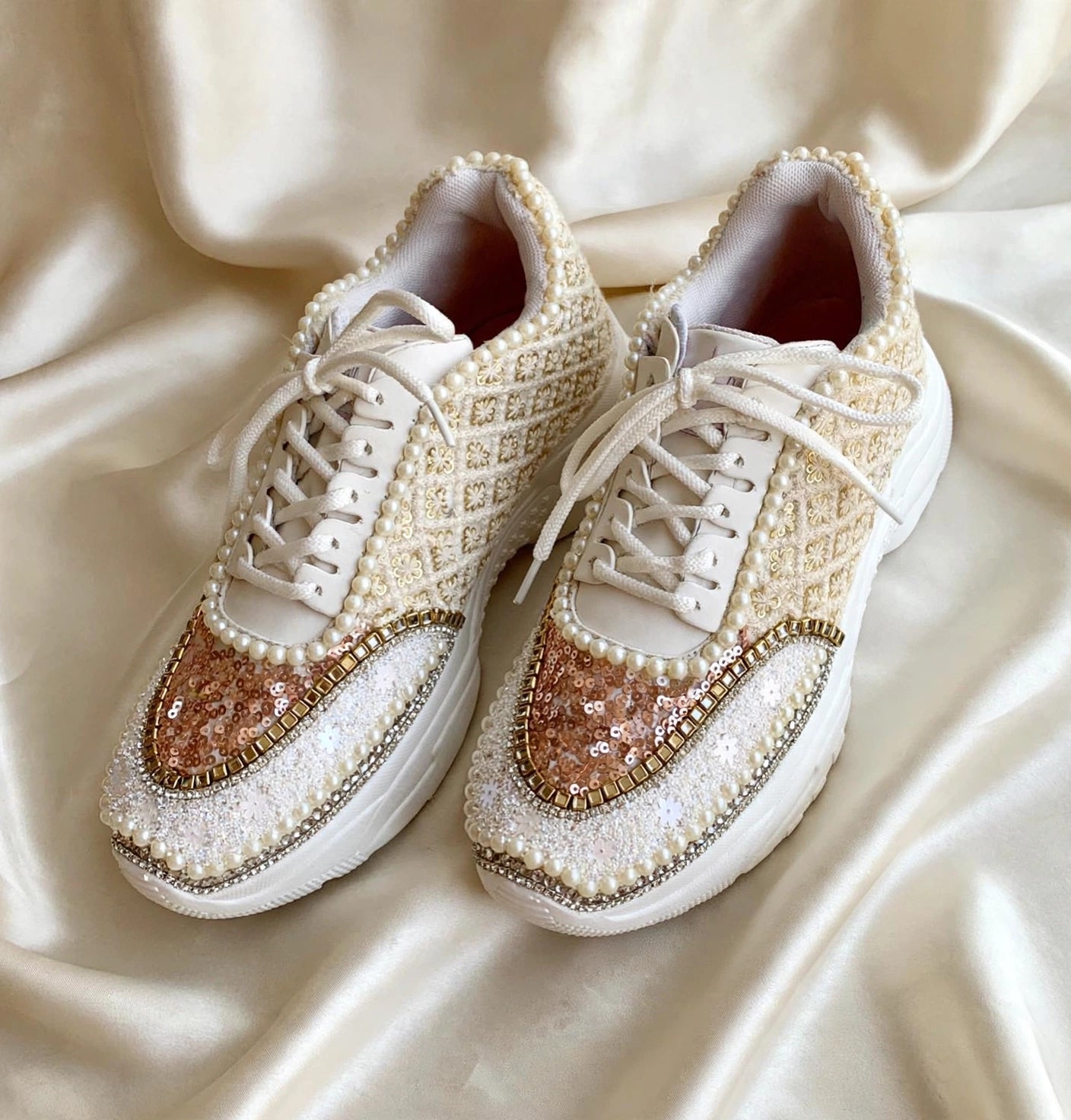 FUNKY N TRENDY ivory and tan peach sneakers with pearl detailing for brides / bridesmaids/ ivory sneakers / beige sneakers / tan peach shoes/ rose gold sneakers / rose gold shoes