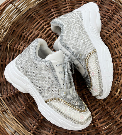 FUNKY N TRENDY hand work bridal sneakers / bridesmaid sneakers/ silver sneakers / silver shoes/mirror sneakers mirror shoes/ bride shoes/ embroidered shoes