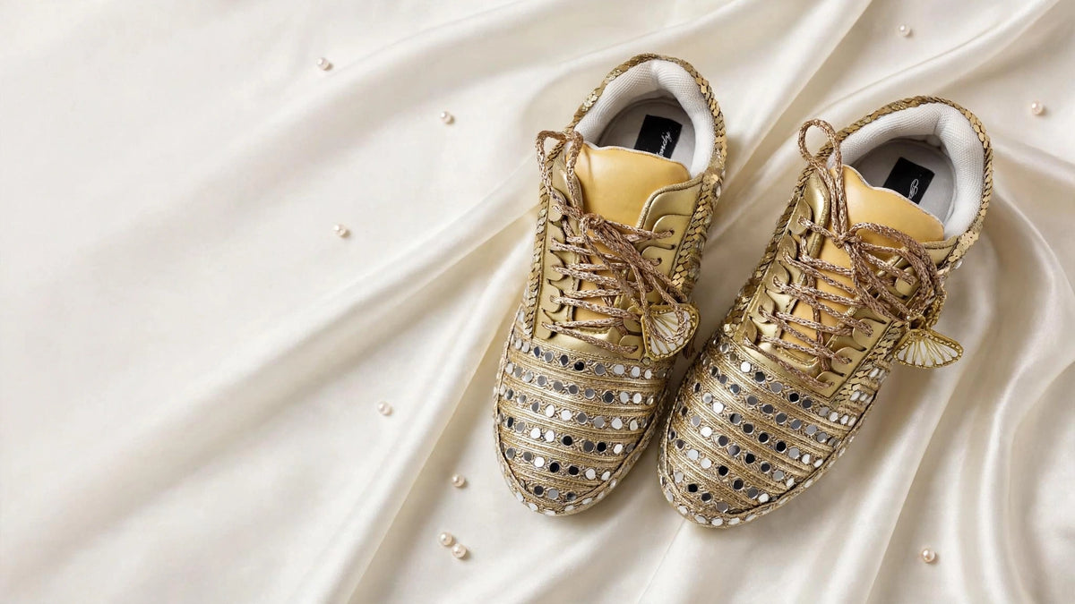 Golden Mirror – Bridal Sneakers with Dual Latkans | Gold Chunky Sneakers for Sangeet