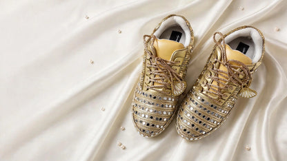 Golden Mirror – Bridal Sneakers with Dual Latkans | Gold Chunky Sneakers for Sangeet