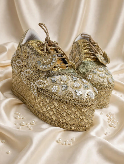 FUNKY N TRENDY Gold bridal sneakers - wedge sneakers heeled sneakers/ golden sneakers
