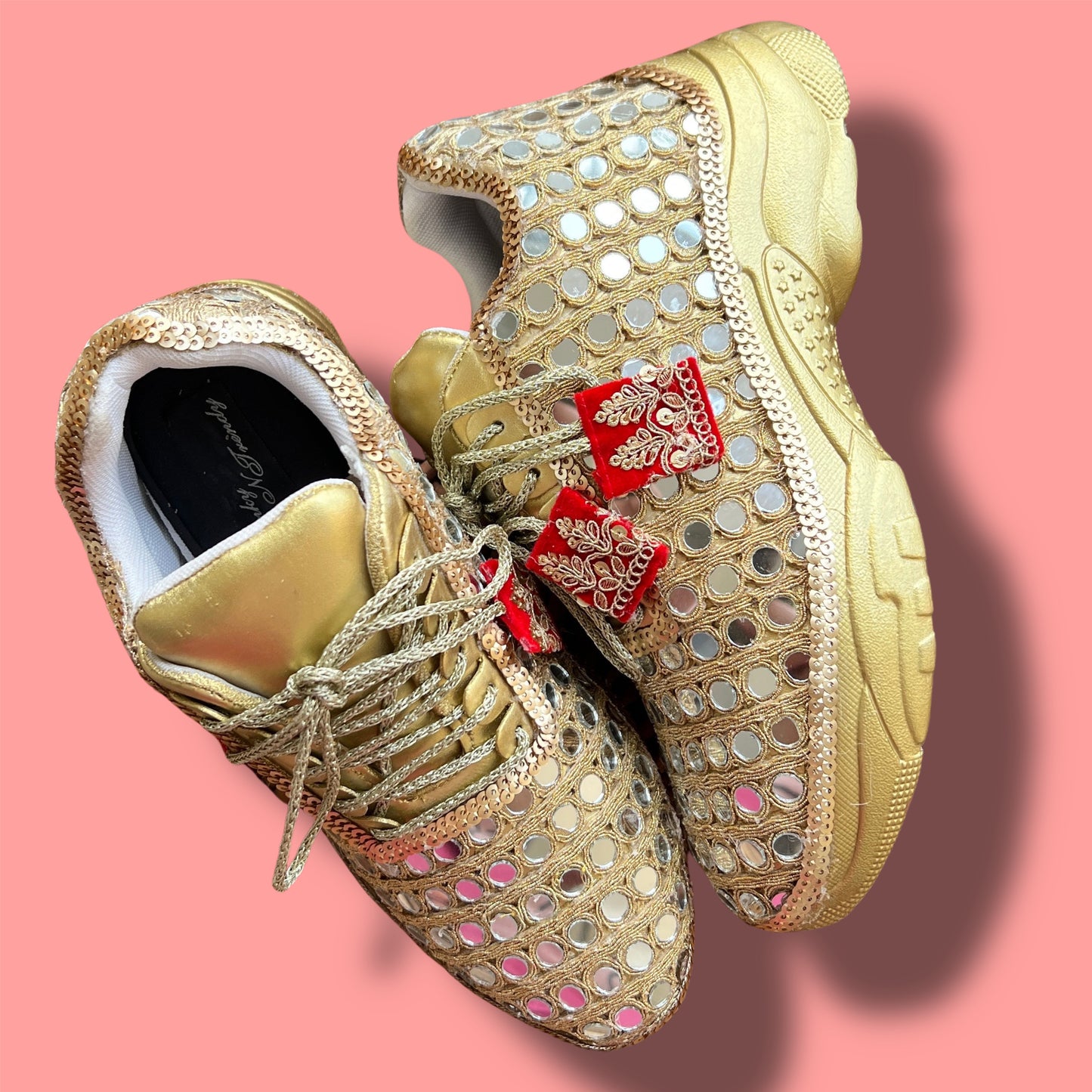 FUNKY N TRENDY gold mirror heeled sneakers for brides and bridesmaids