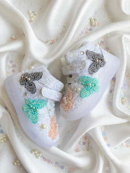 Funky N Trendy peach green butterfly sneakers /kids sneakers/ butterfly shoes / kids shoes/ purple sneakers / peach shoes for kids/handmade sneakers for kids